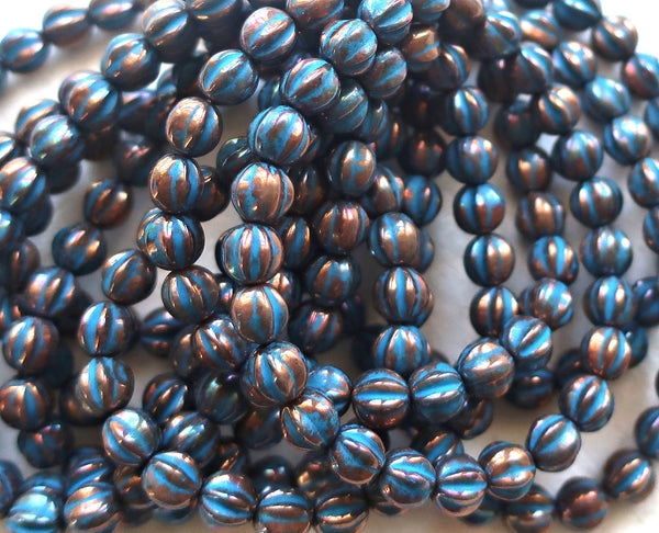 25 Czech 6mm glass melon beads, metallic bronze with a turquoise wash, earthy, rustic, pressed beads 52101 - Glorious Glass Beads