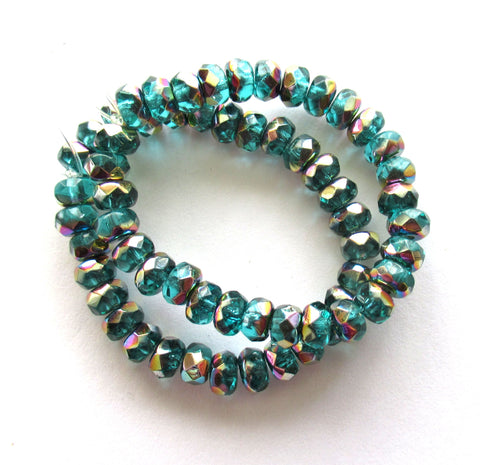 30 small 3 x 5mm Czech glass faceted puffy rondelle beads - transparent teal blue green rondelles with a vitral finish C00331