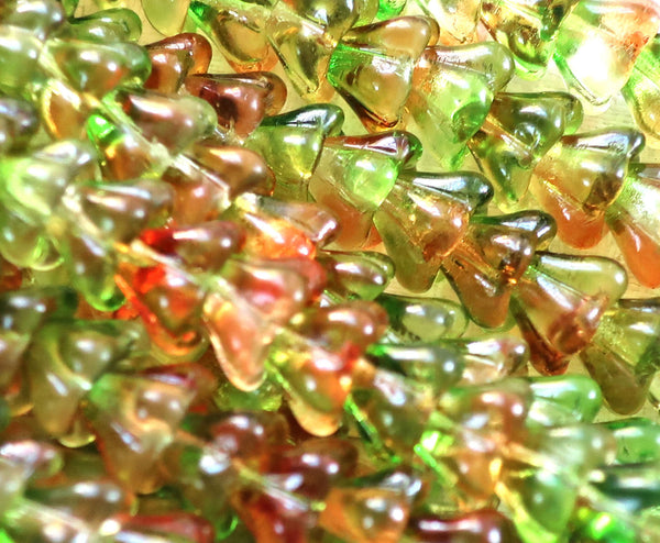 Lot of 25 8mm x 6mm Peach / Pear, orange & green Bell Flower Czech glass beads, multicolor pressed glass beads C5701 - Glorious Glass Beads