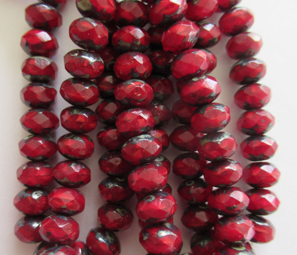 Lot of 25 Czech glass faceted puffy rondelle beads - 6 x 8mm transparent opaque mix garnet red silky picasso rondelles C0082