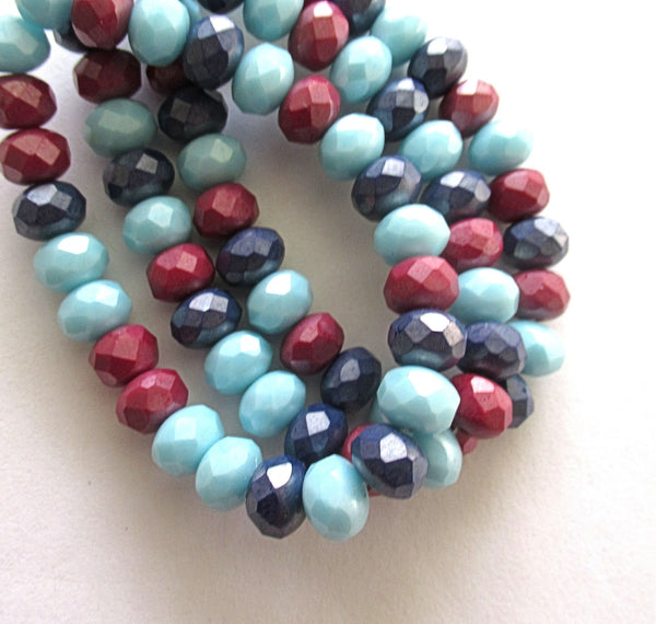 25 Czech glass faceted puffy rondelles - 6 x 8mm opaque red & blue luster color mix rondelle beads - 00191