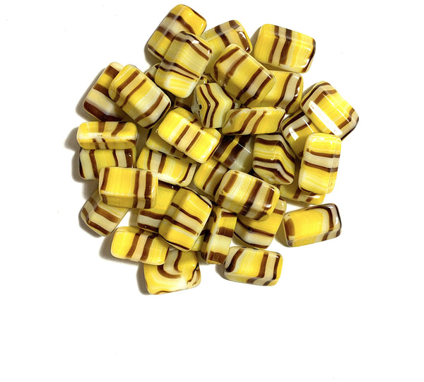 Six Czech glass rectangle beads - 16 x 12mm yellow, brown, and white striped - 4-sided diamond shaped large, chunky rectangle beads C0005