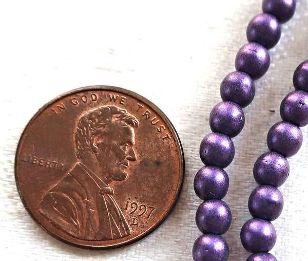 Lot of 100 4mm purple matte metallic suede, sueded Czech glass druks, smooth round druk beads 1801