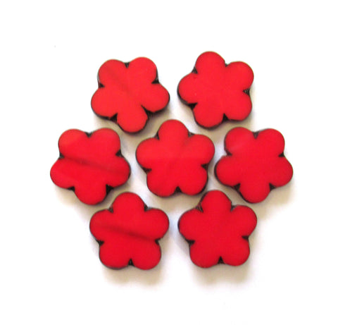 Six large Czech glass flower beads - 17mm table cut opaque bright red floral picasso beads - C00671