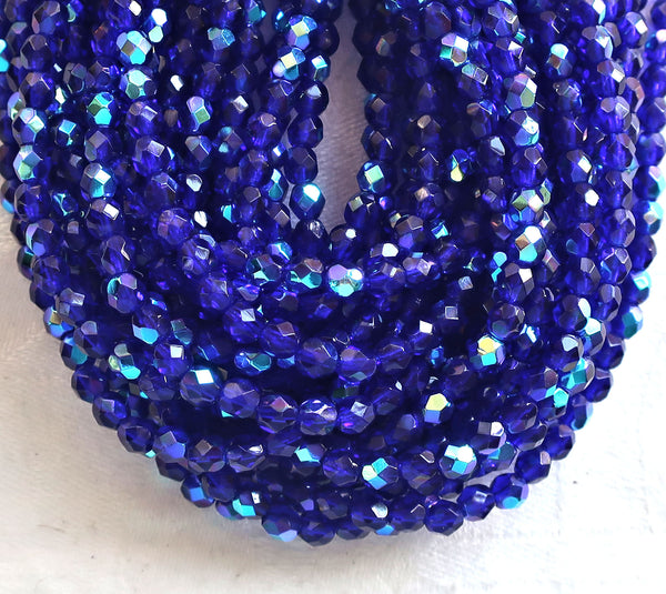 Lot of 50 4mm Czech glass beads, Cobalt Blue AB, firepolished, faceted, round beads C0076