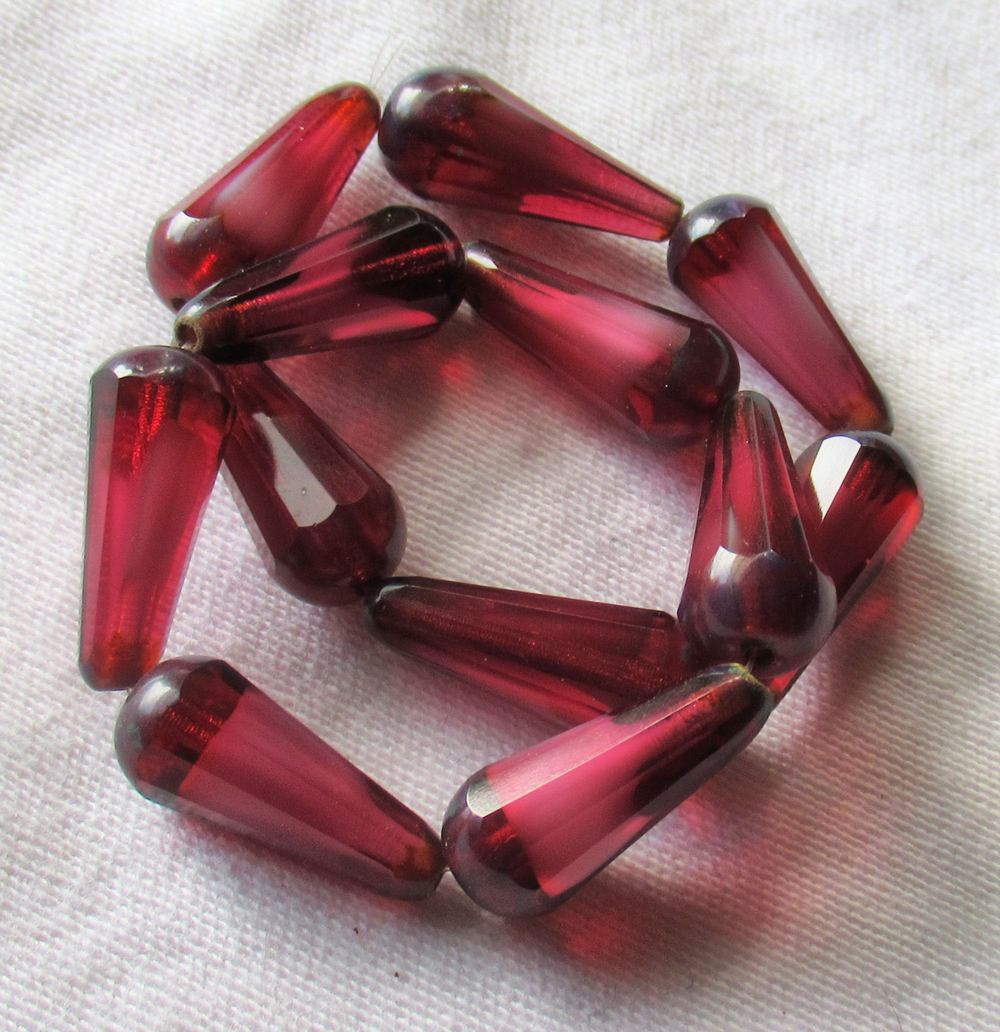 Six Czech glass long faceted teardrop beads - transparent fuchsia pink w/ picasso finish on the ends - 9 x 20mm elongated tear drops 16306
