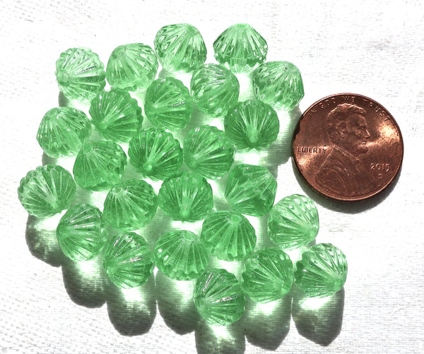 Lot of 15 9mm Pierdot Green bicones, chunky, fluted, transparent pressed glass Czech bicone beads, C5615 - Glorious Glass Beads