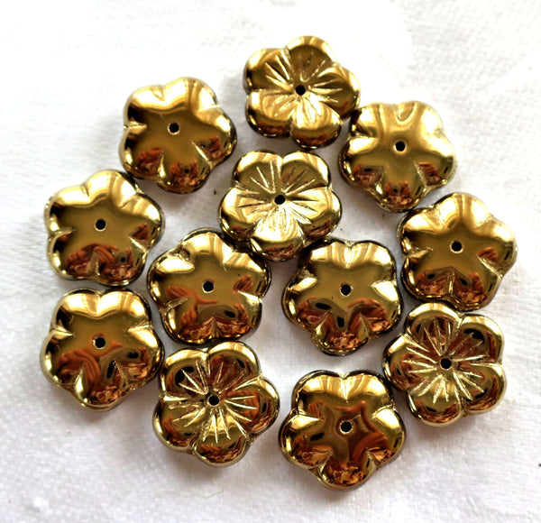 Ten 14mm Metallic California Silver & Gold flower beads, Czech glass spacer or cap beads C0901 - Glorious Glass Beads