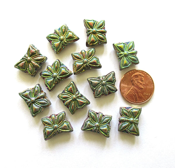 Eight Czech glass butterfly beads - metallic blue purple & green rainbow - 15 x 12mm pressed glass beads C0097