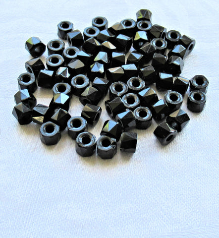 Lot of 50 6mm Czech glass jet black faceted pony or roller beads - large hole crow beads C00011