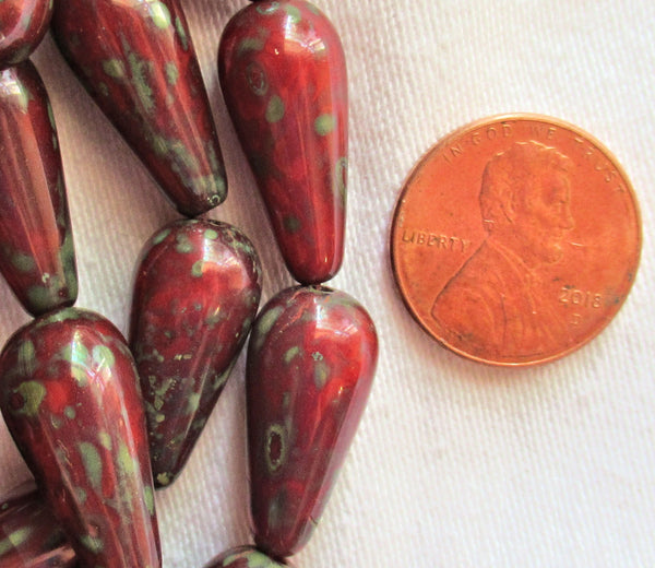 Lot of six Czech glass long teardrop beads - translucent red with a picasso finish - 9 x 20mm rustic, earthy elongated tear drops 51106