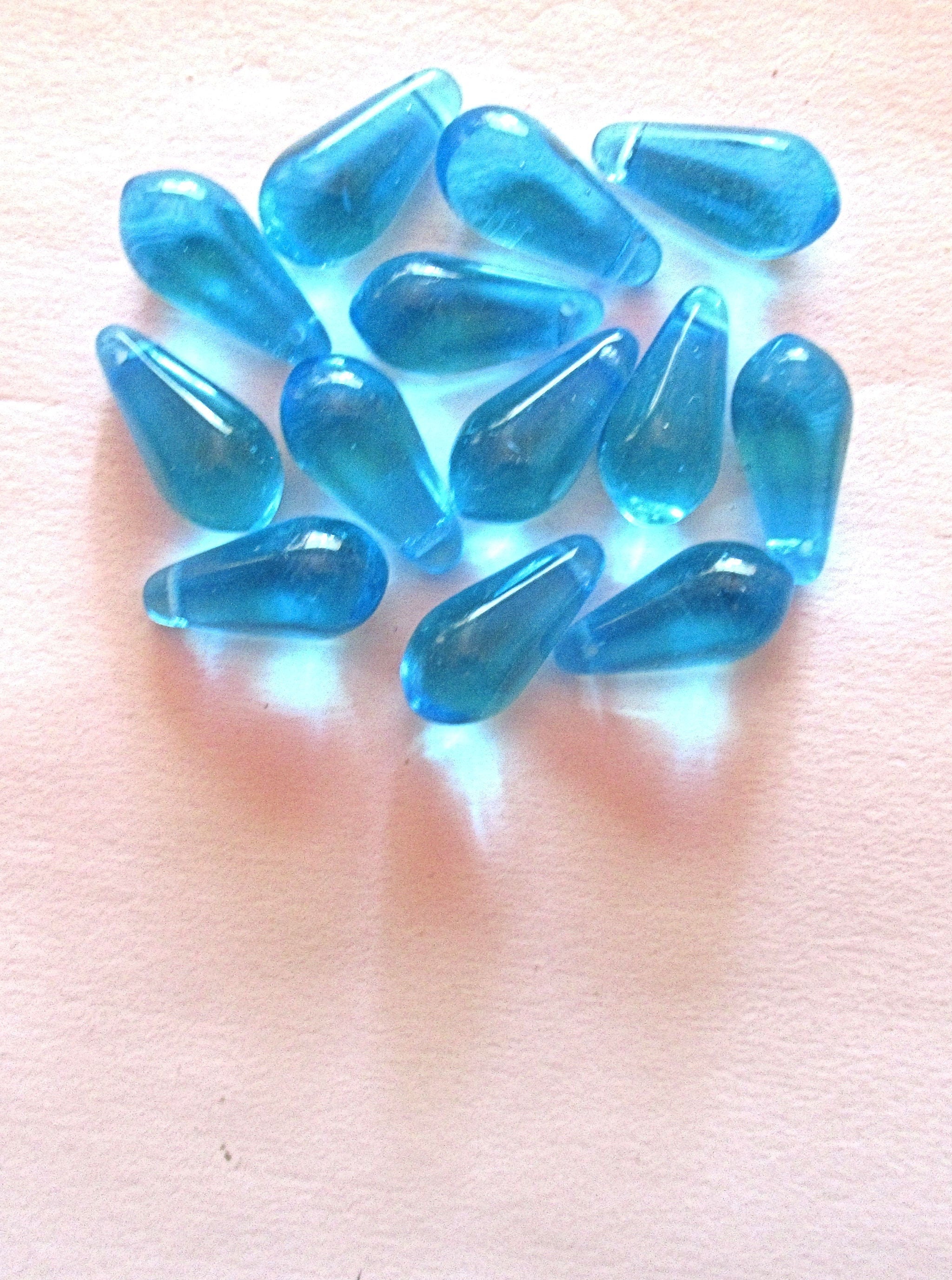 Ten large Czech glass teardrop beads - 9 x 18mm transparent aqua blue  pressed glass side drilled faceted drops six sides C0023