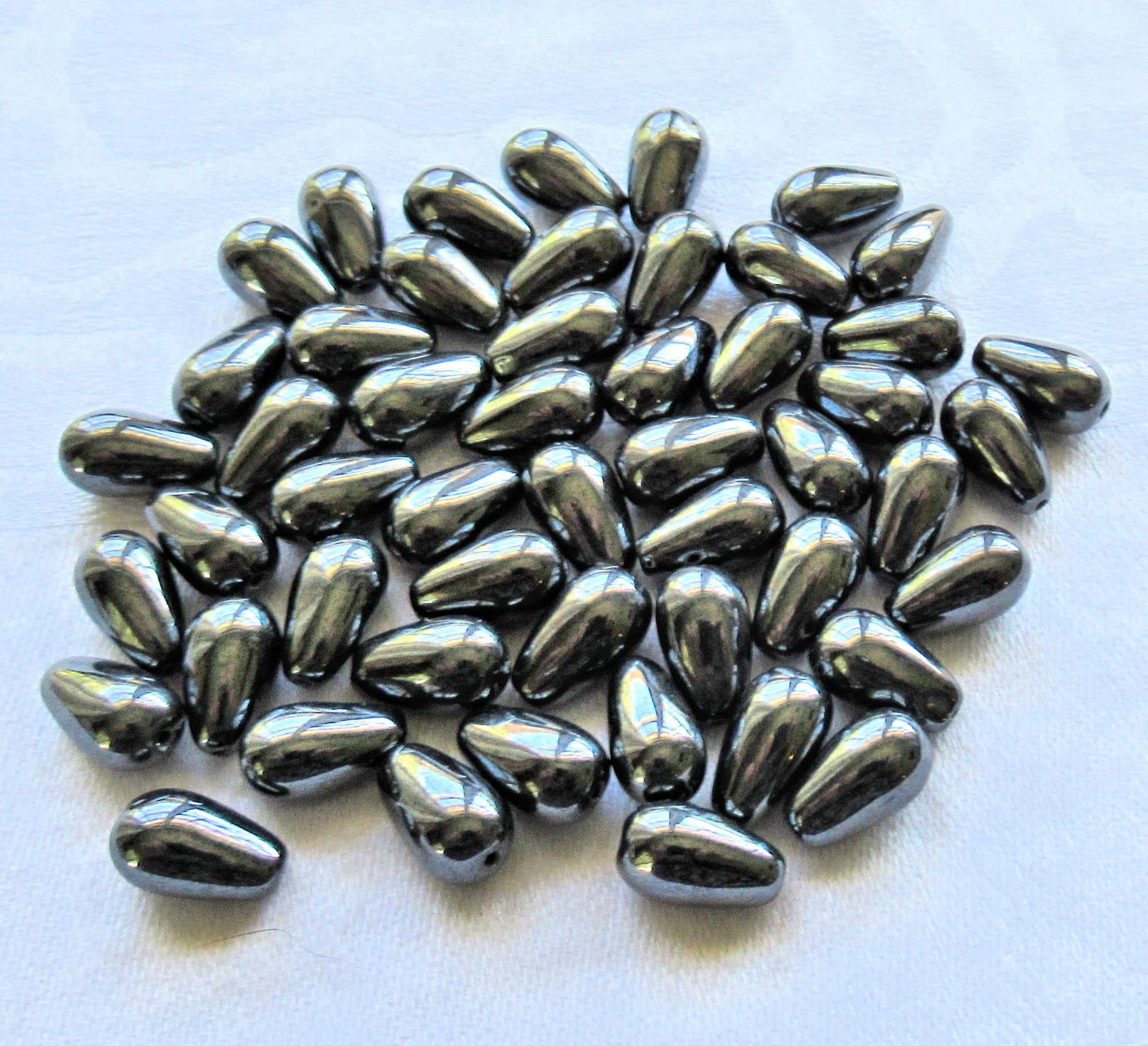 Lot of 25 10 x 6mm Czech glass hematite teardrop beads - center drilled smooth drop beads C3401 - Glorious Glass Beads