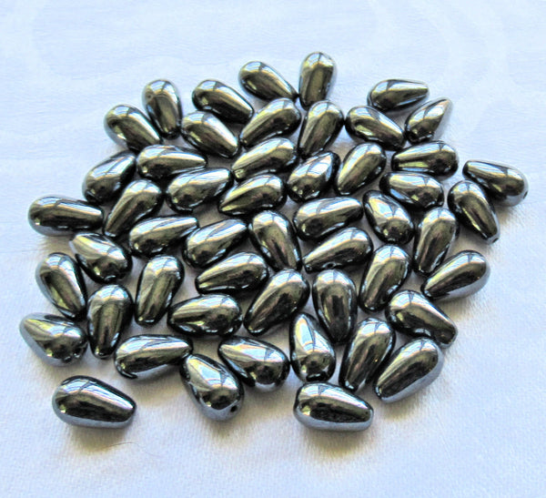 Lot of 25 10 x 6mm Czech glass hematite teardrop beads - center drilled smooth drop beads C3401 - Glorious Glass Beads