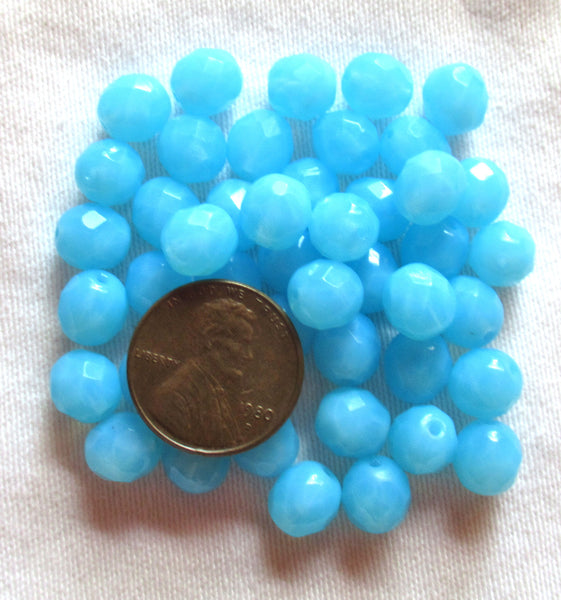 Lot of 25 8mm Powder Blue Opal opaque faceted round firepolished glass beads, C7825 - Glorious Glass Beads
