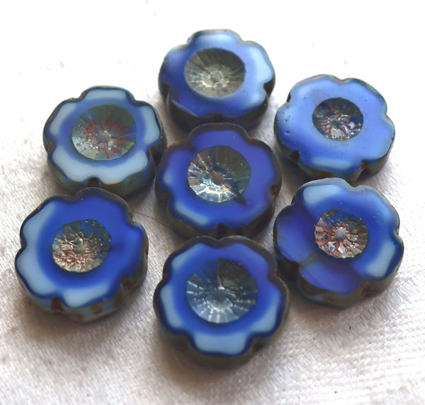 Lot of six 14mm table cut, carved,opaque milky, marbled blue & white with silvery picasso accents, Hawaiian Czech glass flower beads C02106 - Glorious Glass Beads