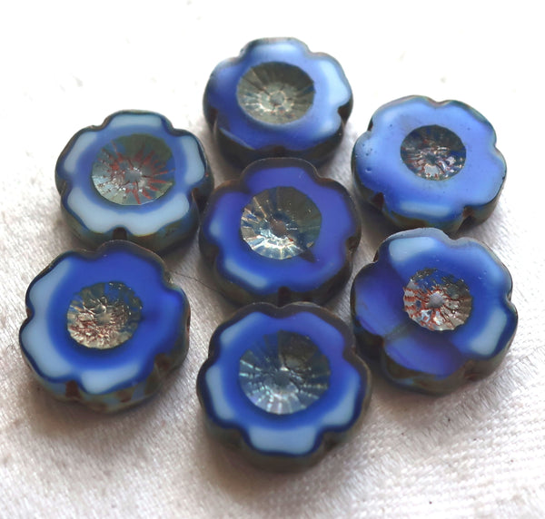 Lot of six 14mm table cut, carved,opaque milky, marbled blue & white with silvery picasso accents, Hawaiian Czech glass flower beads C02106 - Glorious Glass Beads