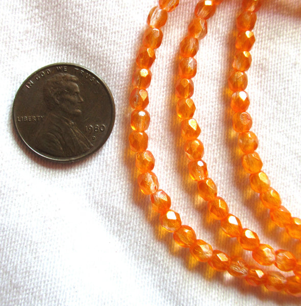Lot of 50 4mm Czech glass beads, bright orange, sueded gold hyacinth faceted firepolished beads 9601