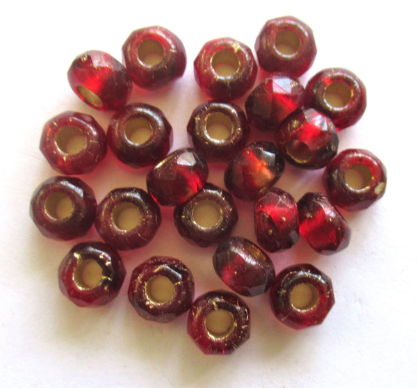 Ten Czech glass roller beads - 7.5 x 5mm ruby red gold lined, faceted roller, rondelle beads - big 3.5mm hole beads C00621