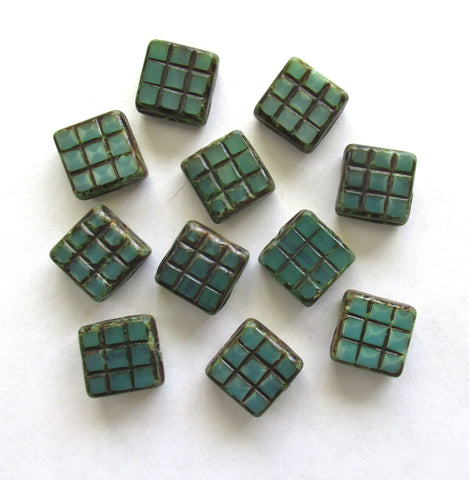 Six large 13 x 13mm square table cut carved Czech glass beads - 6mm thick translucent dark seafoam green picasso beads - 00991