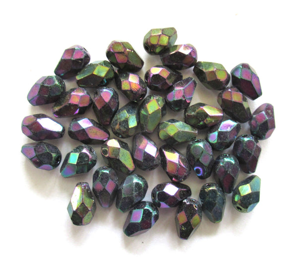 Lot of 25 7 x 5mm Czech glass purple iris teardrop beads - faceted fire polished beads C0067