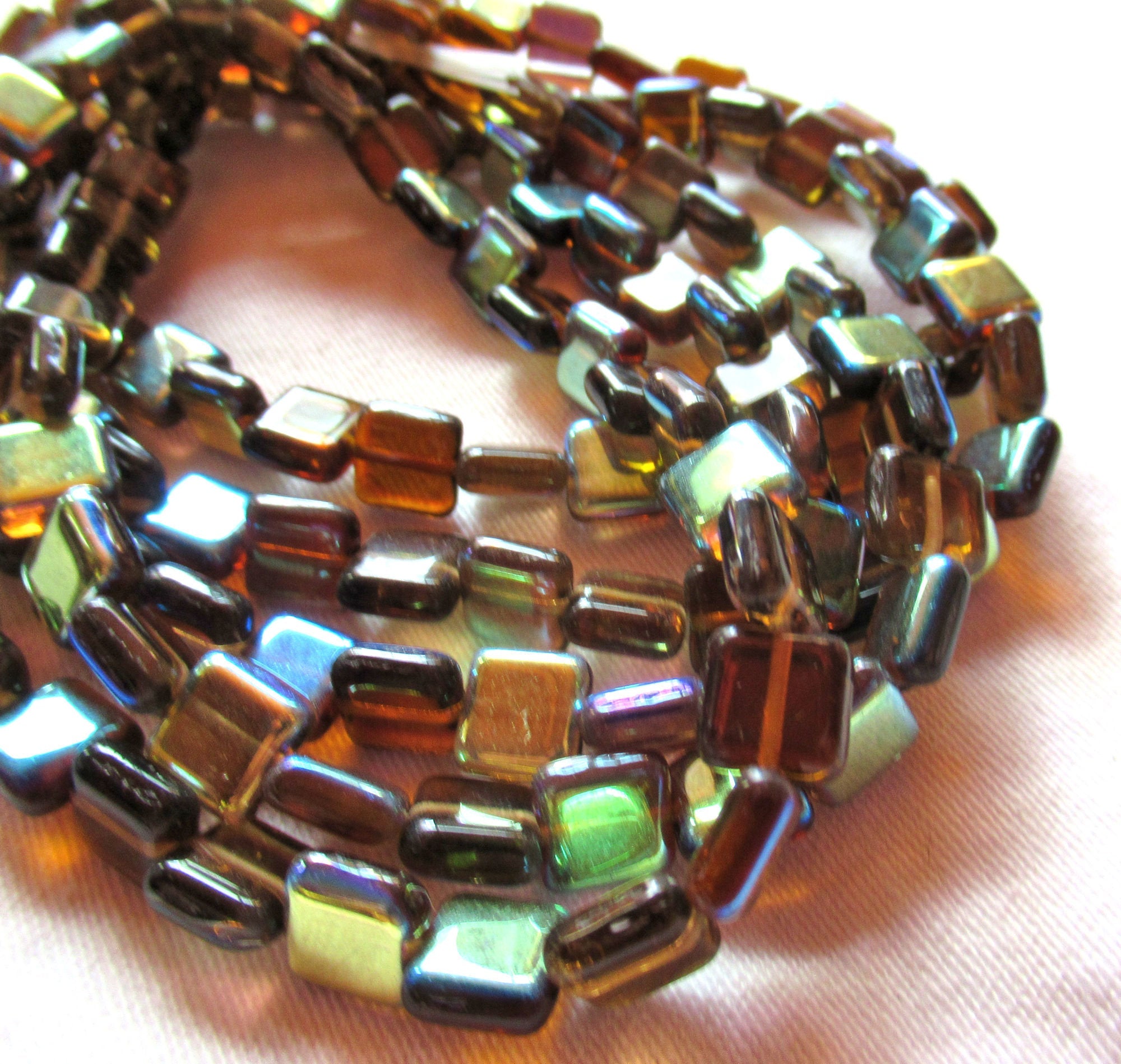 Lot of 30 8mm one hole flat square Czech glass beads - topaz brown beads with an iridescentt AB finish C10101