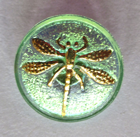 One 18mm Czech glass button - translucent iridescent green with a gold dragonfly decorative shank button 53101