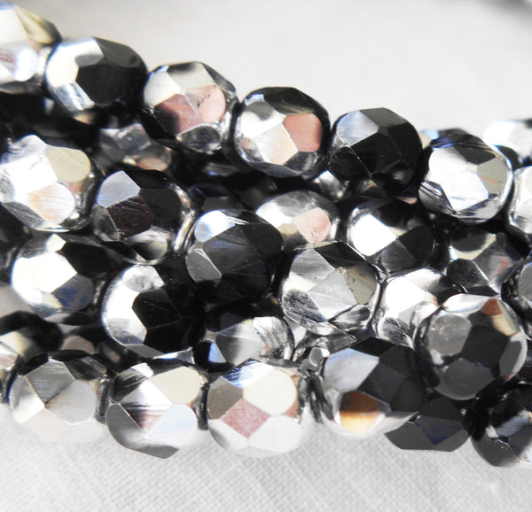Lot of 25 6mm multicolored jet black and silver Czech glass beads, firepolished, faceted round beads C2425