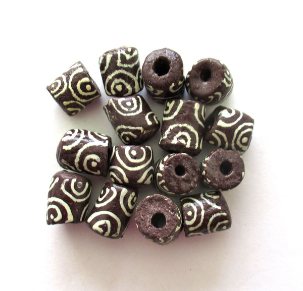 6 African Ghana glass cylinder tube beads - brown beads with white accents - large sand cast krobo big hole rustic beads - C00101
