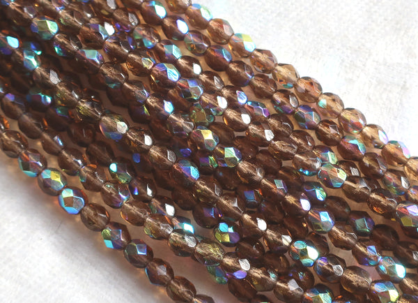 50 4mm Smoky Topaz Ab Czech glass beads, firepolished faceted, brown, round glass beads C8550 - Glorious Glass Beads