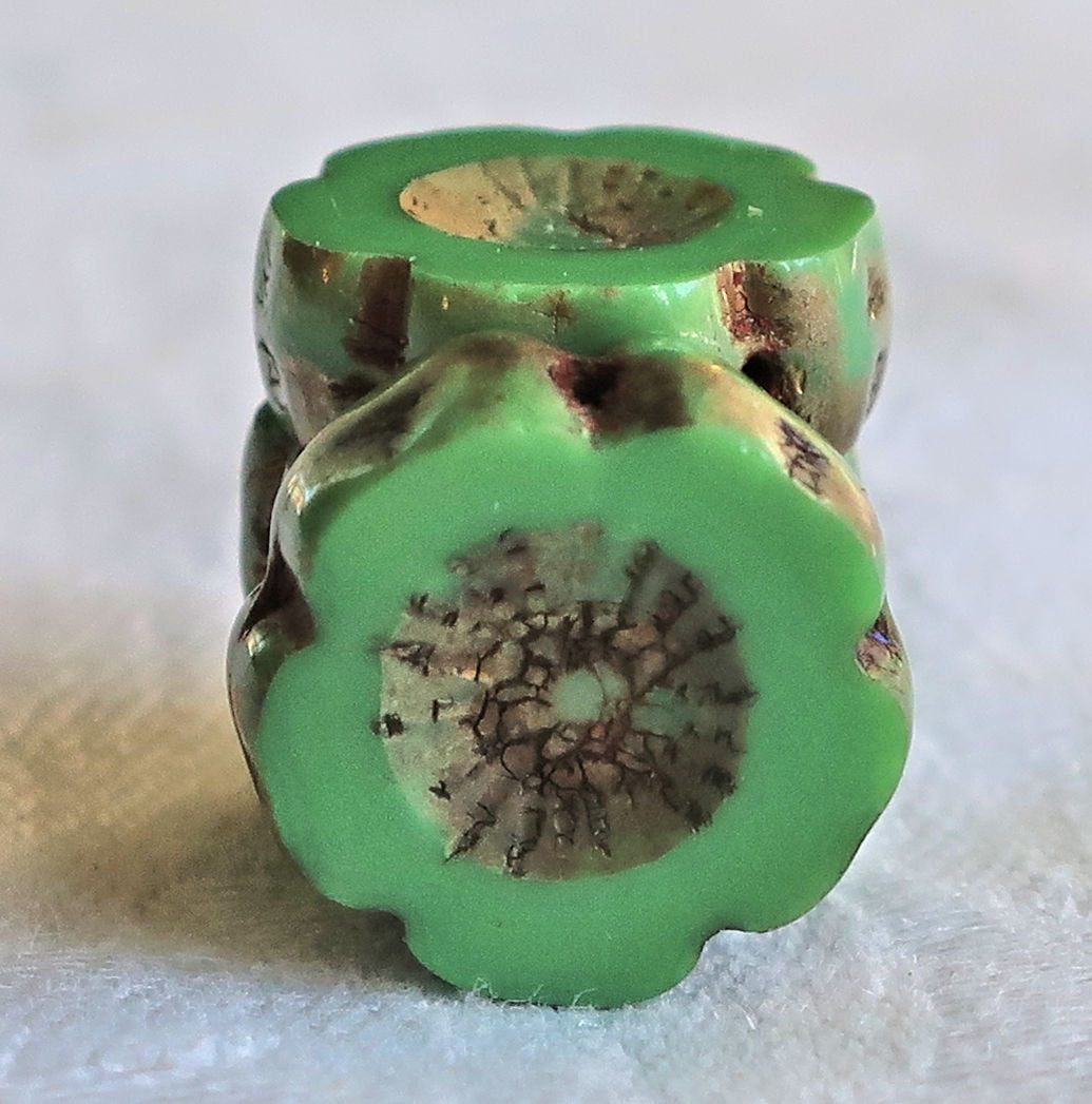Six 14mm table cut, carved, opaque green picasso Czech glass Hawaiian Flower beads C80106 - Glorious Glass Beads