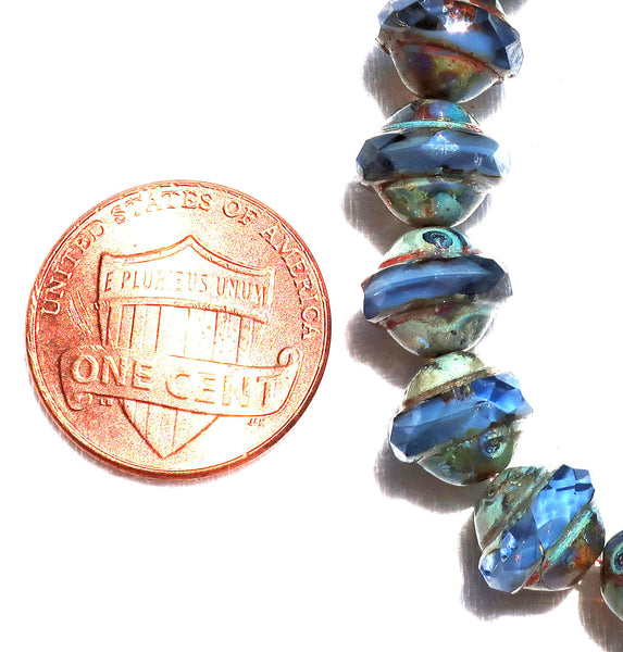 Six faceted saturn or saucer Czech glass beads, transparent & opaque sapphire blue with picasso finish, 8mm x 10mm C0901 - Glorious Glass Beads