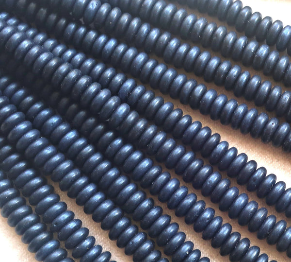 Lot of 50 6mm Czech glass rondelle beads, matte metallic dark blue suede, sueded flat spacers or rondelles C3801
