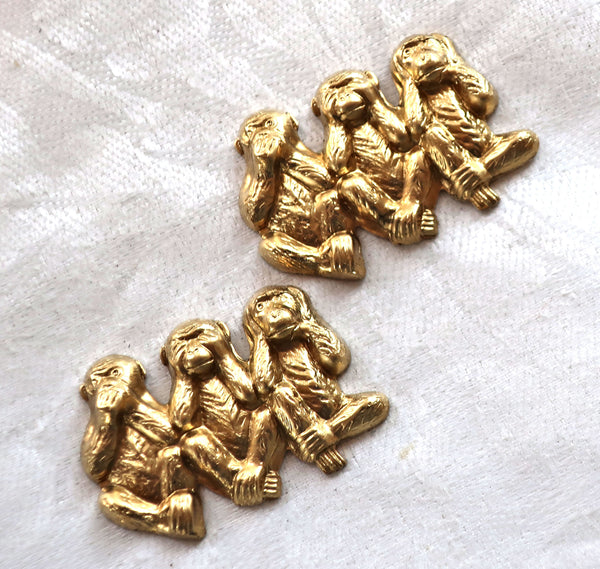 Two sets three monkeys; speak, see & hear no evil monkey raw brass stampings, lucky monkyes pendants, charms, 18.5 x 12mm, USA made C4902 - Glorious Glass Beads