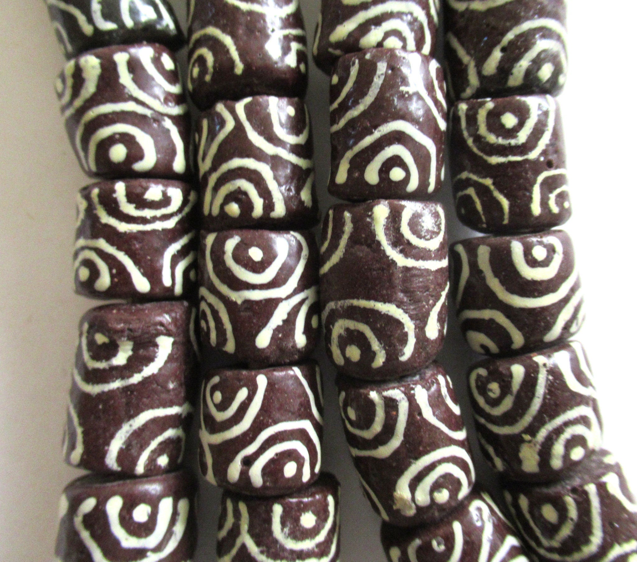 6 African Ghana glass cylinder tube beads - brown beads with white accents - large sand cast krobo big hole rustic beads - C00101