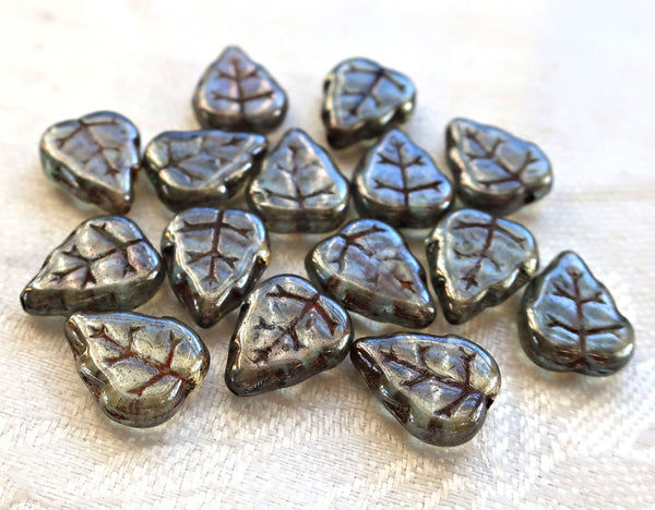 Lot of 25 12 x 10mm Czech Lumi Green center drilled, earthy, rustic Birch leaf beads, Czech glass beads C63125