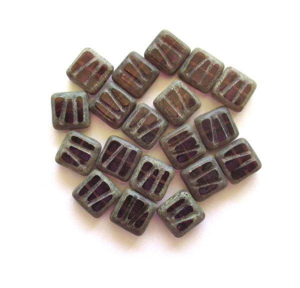 Ten 10mm x 10mm Czech glass square beads - amethyst / purple carved, table cut, striped zebra rustic, earthy beads C0029
