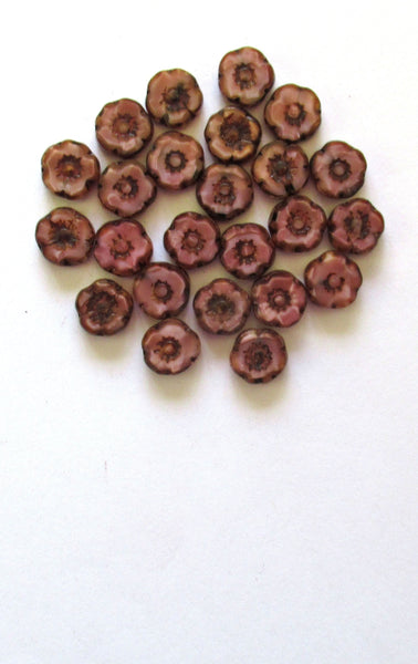 Ten 10mm Czech glass flower beads - rustic table cut, carved, marbled dark dusty rose pink w/ picasso accents - Hawaiian flower beads C10101