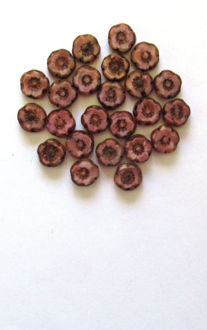 Ten 10mm Czech glass flower beads - rustic table cut, carved, marbled dark dusty rose pink w/ picasso accents - Hawaiian flower beads C10101