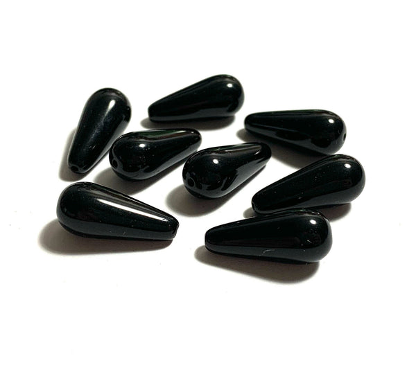 Six large Czech glass teardrop beads - 20 x 9mm jet black drop or pear beads - C0004