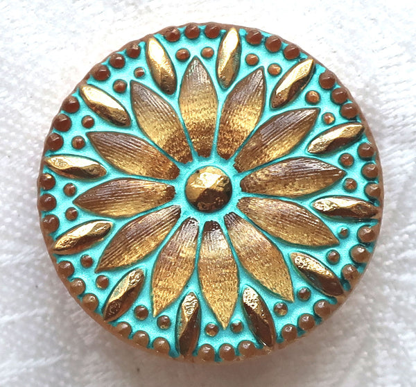 One Czech glass button , 30mm gold flower button with gold accents and a turquoise wash. golden decorative floral shank buttons C03301 - Glorious Glass Beads