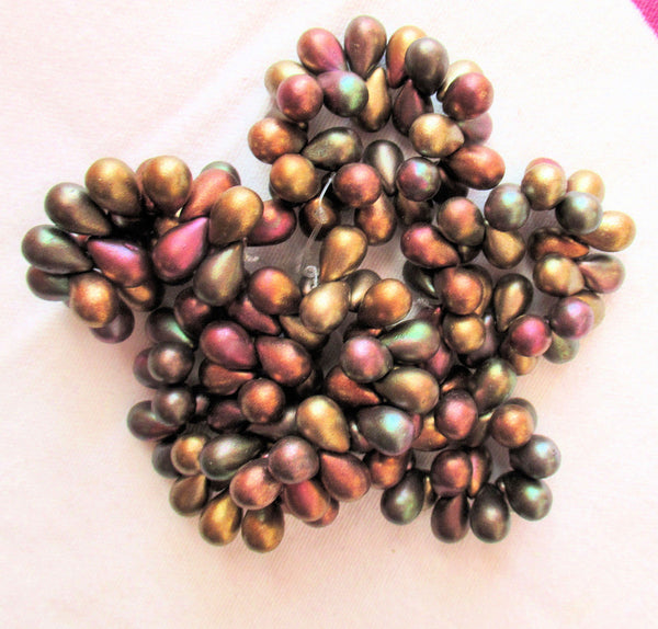 Lot of 25 Czech glass drop beads - opaque matte metallic color mix- smooth teardrop beads - 9 x 6mm C60101