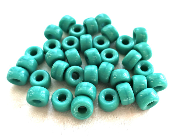 Lot of 25 9mm Opaque Turquoise Blue Green Czech g;ass pony, roller beads, large hole crow beads, C0550 - Glorious Glass Beads