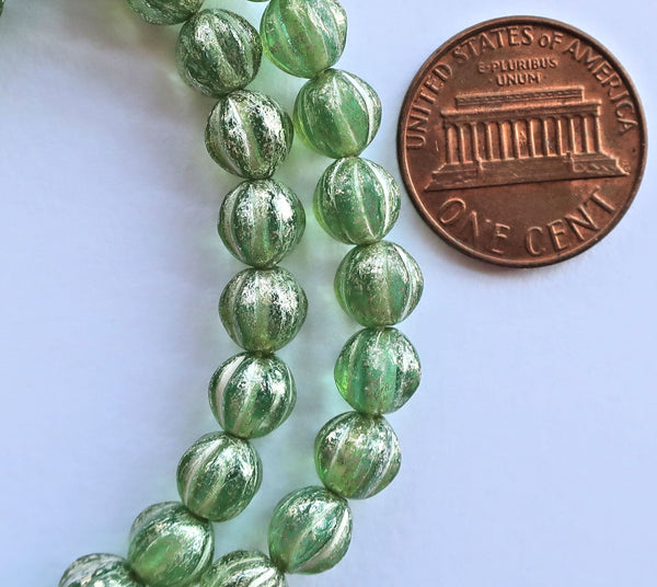 Lot of 25 celery, celadon green mercury picasso melon beads, 6mm pressed Czech glass beads C0801 - Glorious Glass Beads