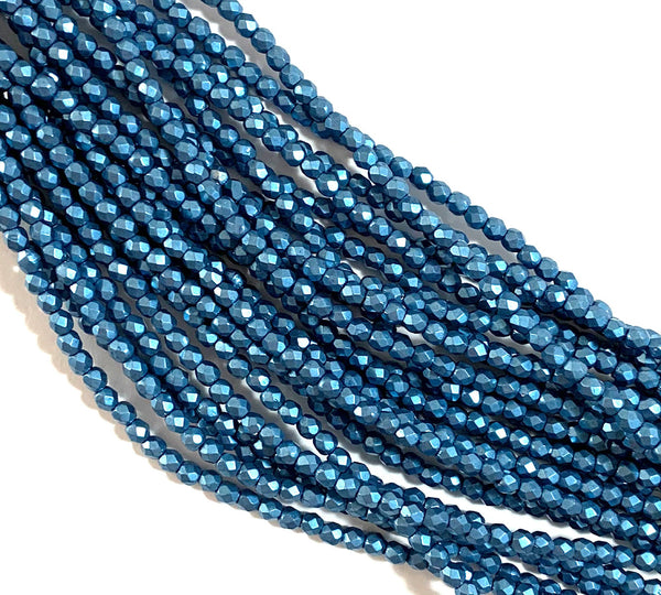 Lot of 50 3mm saturated metallic little boy blue Czech glass beads, round, faceted fire polished beads C0076