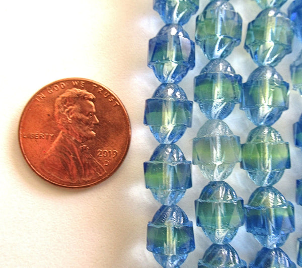 Ten Czech glass turbine beads - 10 x 8mm blue & green mix faceted fire polished beads C00002