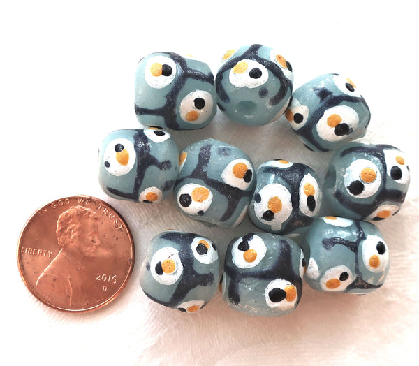 Lot of 5 African Krobo round evil eye glass beads, gray, black , white and yellow 11-12mm big hole rustic, earthy beads - Glorious Glass Beads