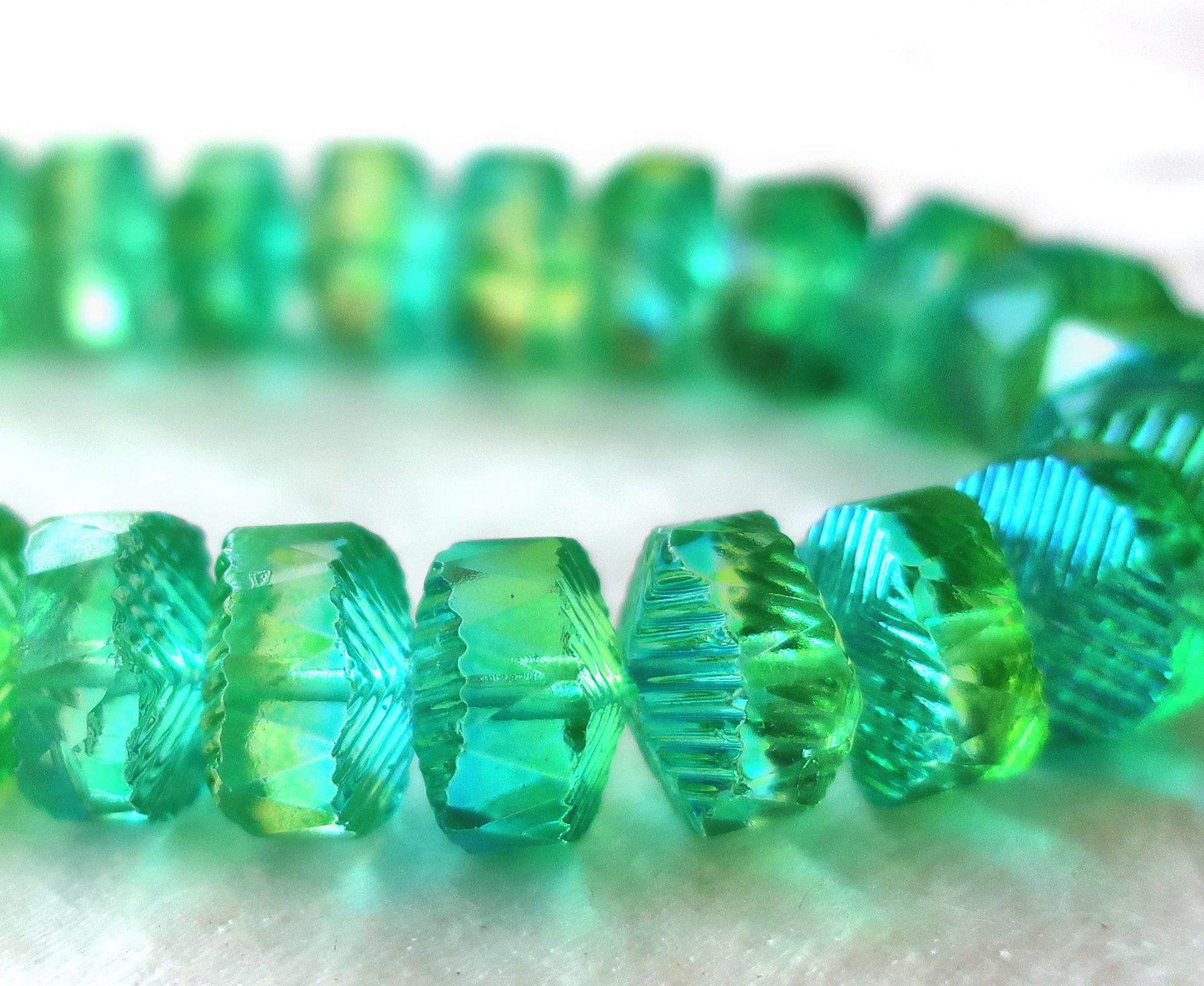 Six Czech glass faceted wavy rondelle beads, large 14 x 6mm aqua blue & lime green AB, chunky rondelles, C18101 - Glorious Glass Beads