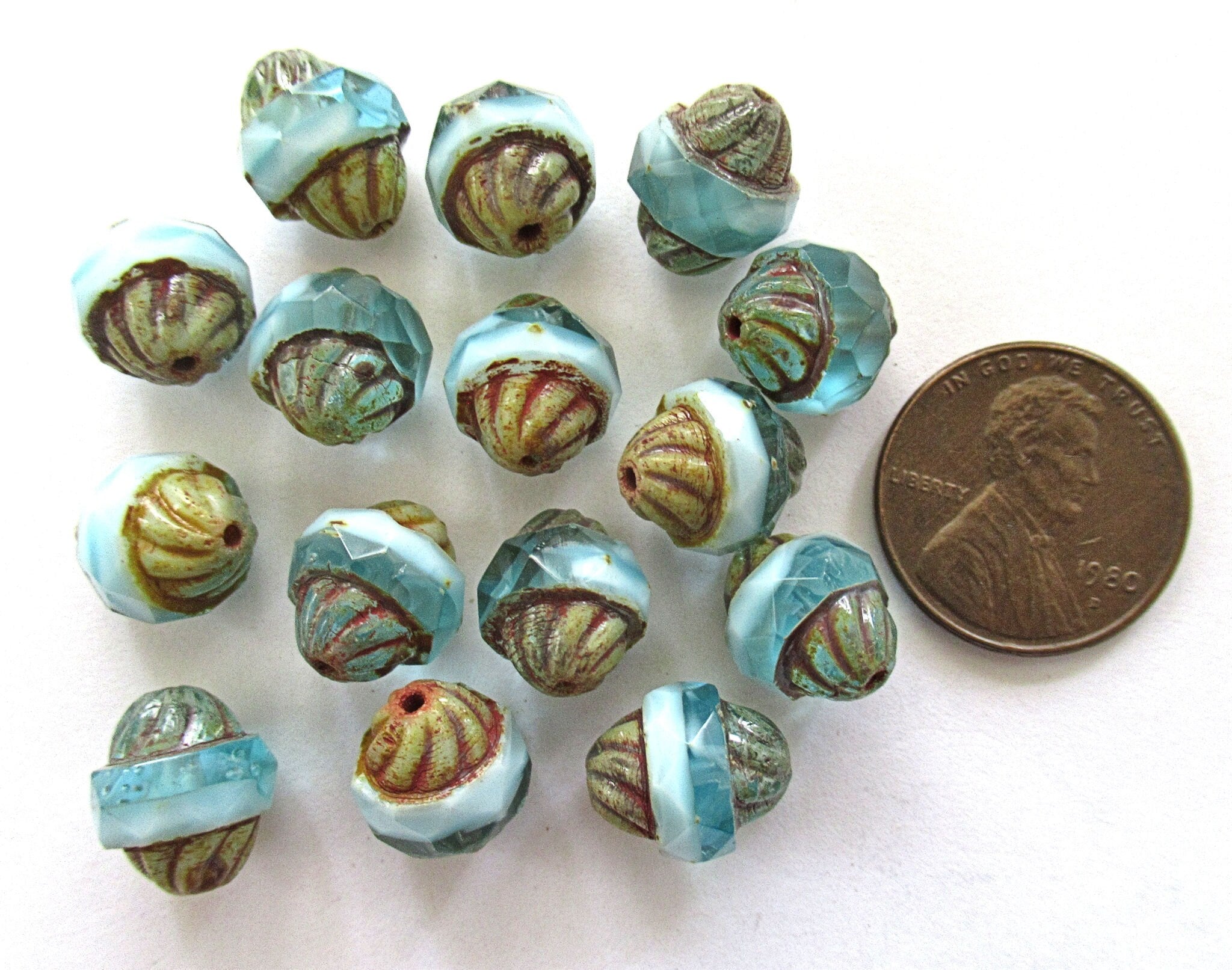 Five Czech glass turbine beads - 11 x 10mm opaque & transparent mix of light aqua blue / white beads with a picasso finish C72101