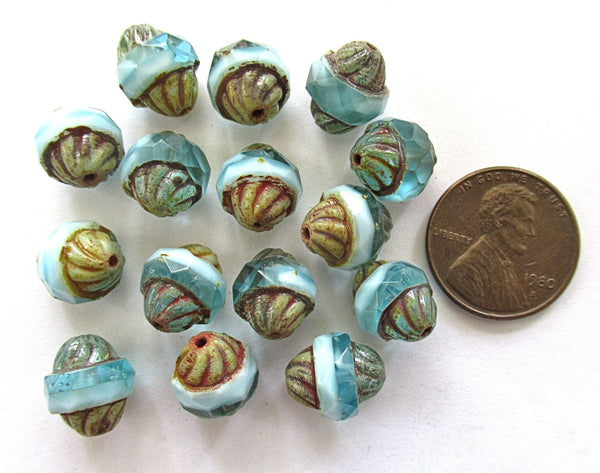 Five Czech glass turbine beads - 11 x 10mm opaque & transparent mix of light aqua blue / white beads with a picasso finish C72101